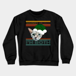 Naughty Or Nice? I'm Both Funny Retro Text Design with Cat in Green Santa Hat with Holly Crewneck Sweatshirt